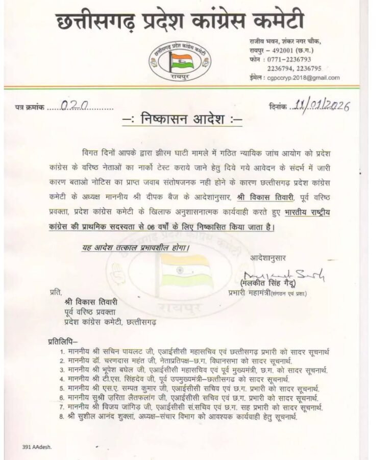 Vikas Tiwari : झीरम घाटी कांड पर दिए बयान के बाद कांग्रेस ने विकास तिवारी को पार्टी से किया निष्कासित